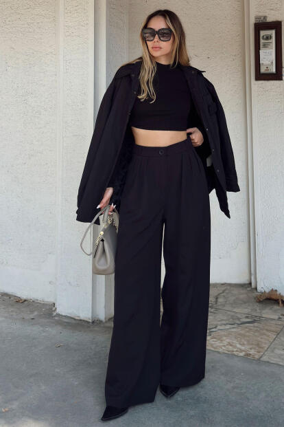 Siyah 3 Pileli Yüksek Bel Cepli Bol Paça Kadın Palazzo Pantolon - SWİST