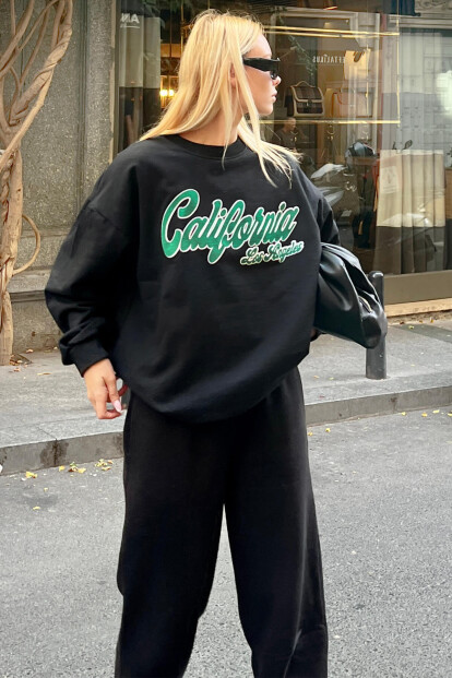 Siyah 92 Ön Arka Baskılı İçi Pamuklu Kadın Sweatshirt - SWİST