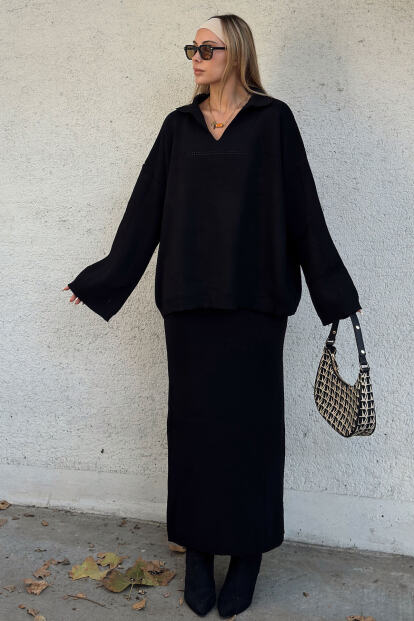 Siyah Ajurlu Polo Yaka Kazak-Midi Etek Kadın Triko Alt Üst Takım - SWİST