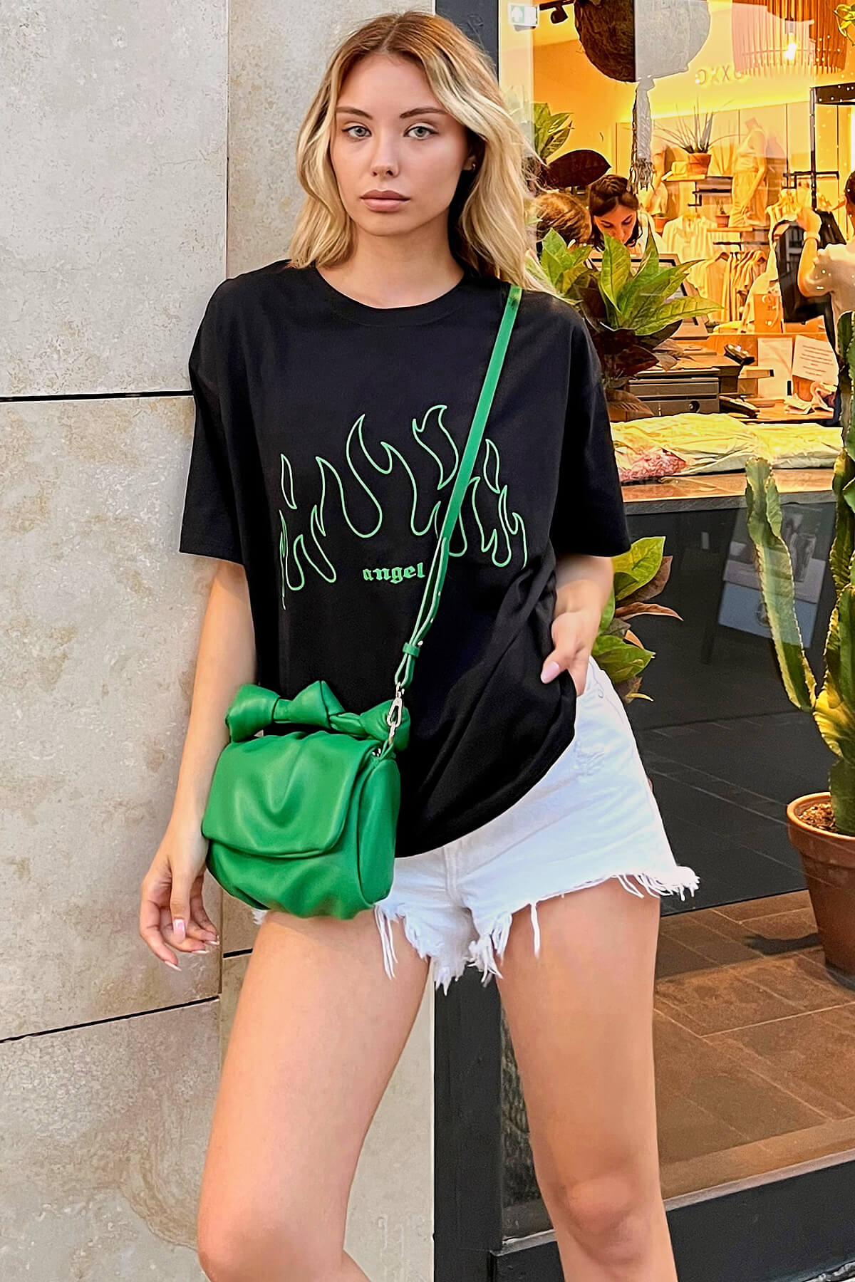 Siyah Angel Baskılı Oversize Kadın Tshirt