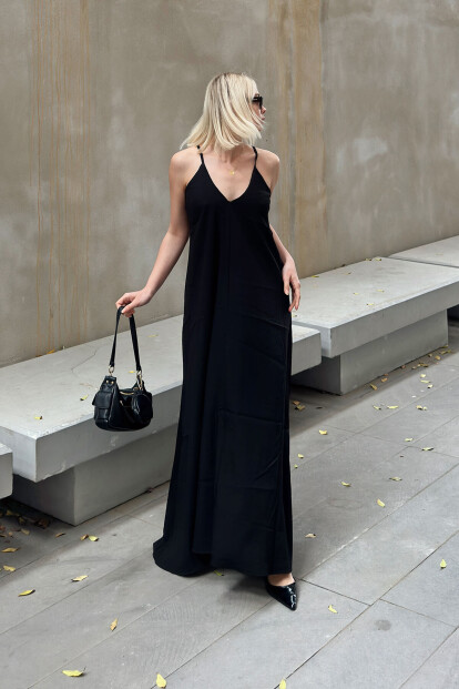 Siyah Askılı Relaxed Salaş Kadın Keten Midi Elbise - 2