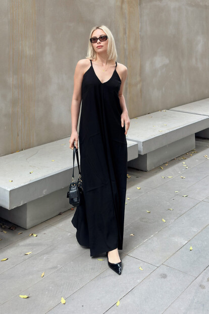 Siyah Askılı Relaxed Salaş Kadın Keten Midi Elbise - 3