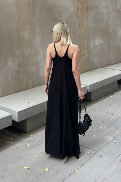 Siyah Askılı Relaxed Salaş Kadın Keten Midi Elbise - 5