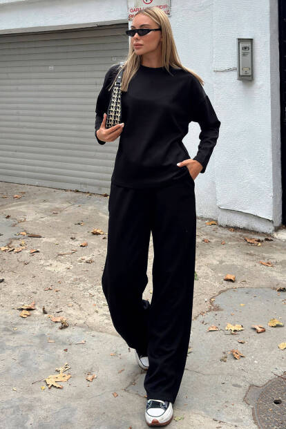 Siyah Bisiklet Yaka Bluz-Cepli Pantolon Kadın Alt Üst Takım - SWİST