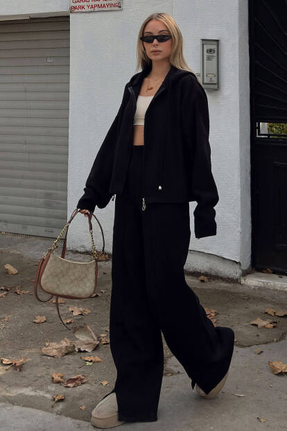 Siyah Çimalı Kapüşonlu Hırka-Pantolon Oversize Kadın Triko Alt Üst Takım - SWİST