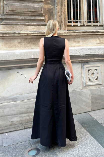 Siyah Cris Fermuarlı Çift Cep Pileli Kadın Midi Elbise - 5
