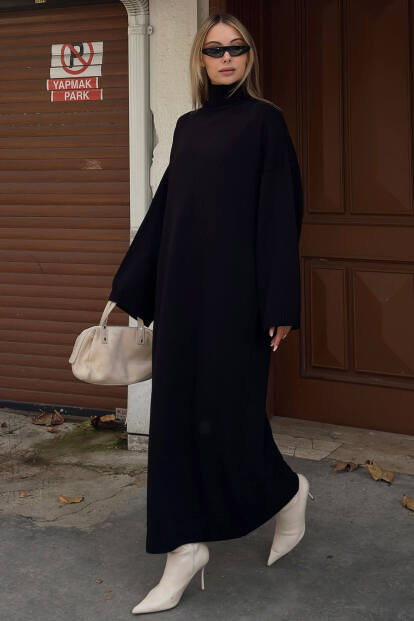 Siyah Daly Yarım Balıkçı Oversize Kadın Triko Midi Elbise - SWİST