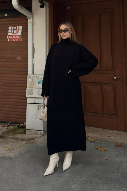 Siyah Daly Yarım Balıkçı Oversize Kadın Triko Midi Elbise - SWİST (1)