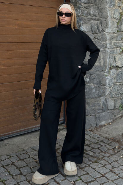 Siyah Dik Yaka Arkası Uzun Kazak-Pantolon Kadın Triko Alt Üst Takım - SWİST