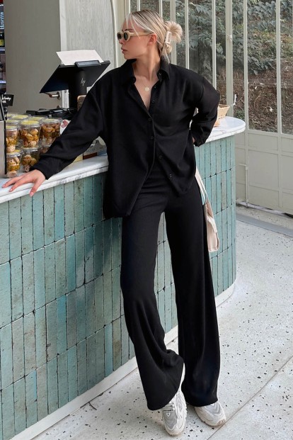 Siyah Fine Fitilli Oversize Gömlek-Pantolon Kadın Alt-Üst Takım - 1