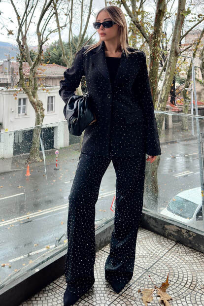Siyah Full Taşlı Blazer Ceket Yüksek Bel Pantolon Kadın Alt Üst Takım - SWİST