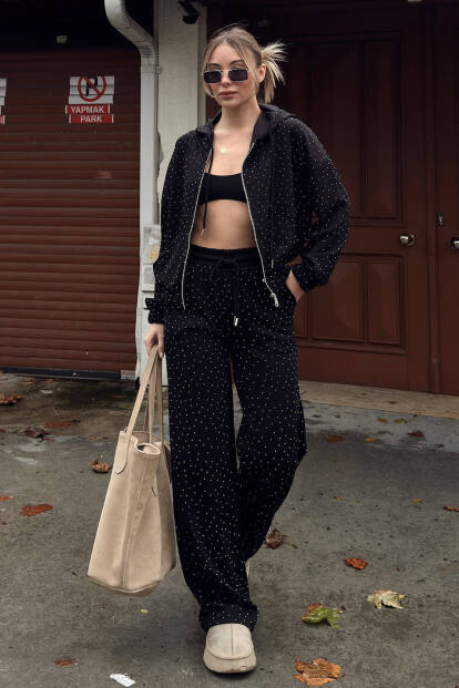 Siyah Full Taşlı Kapüşonlu Fermuarlı Hırka Eşofman Altı Kadın Alt Üst Takım - SWİST