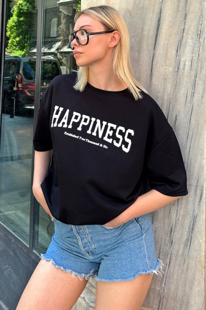 Siyah Happiness Baskılı Oversize Kadın Tshirt 