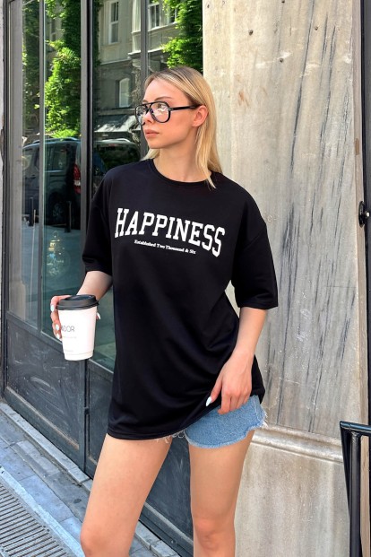 Siyah Happiness Baskılı Oversize Kadın Tshirt - 2