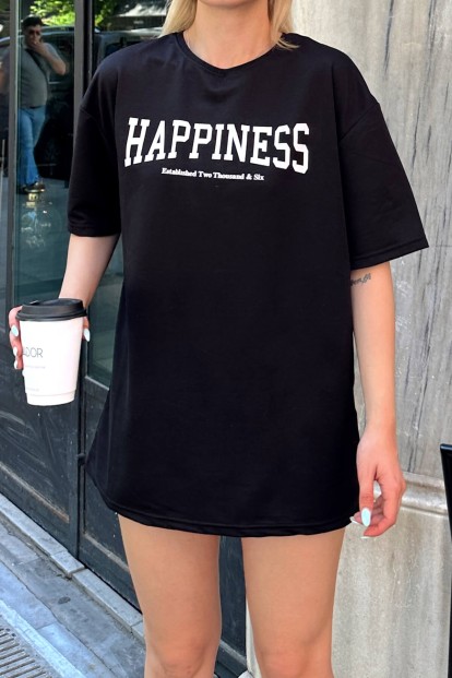 Siyah Happiness Baskılı Oversize Kadın Tshirt - 4
