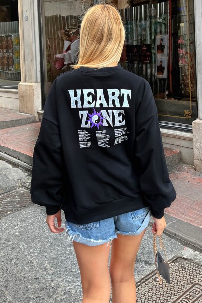 Siyah Heart Zone Ön ve Arka Baskılı Kadın Sweatshirt 