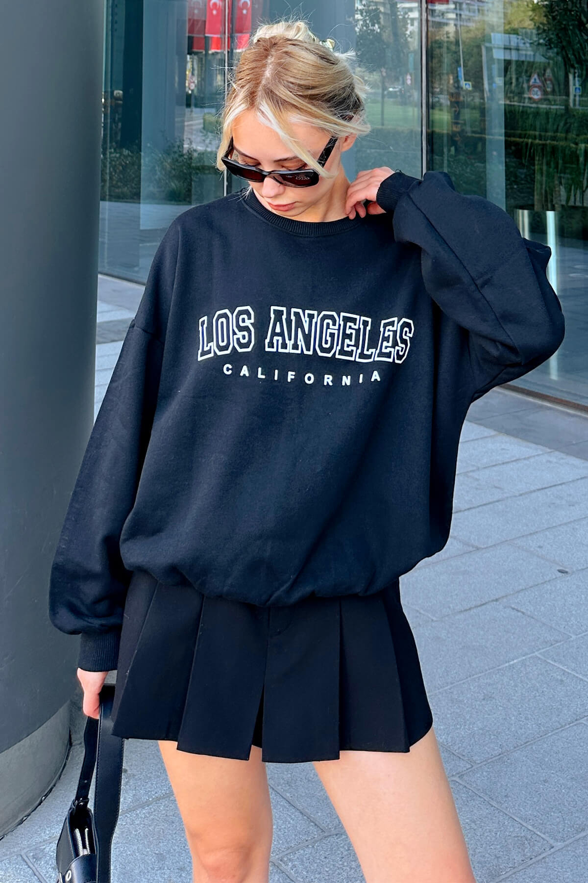 Siyah Joel Los Angls Baskılı Bisiklet Yaka İçi Pamuklu Kadın Sweatshirt