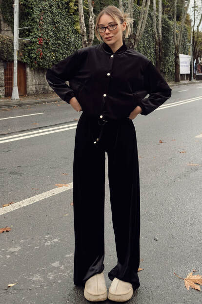 Siyah Kadife Gold Çıt Çıt Kapama Hırka Pantolon Kadın Alt Üst Takım - SWİST