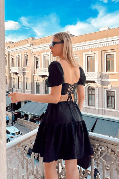 Siyah Karpuz Kol Arkadan Bağlama Detay Kadın Mini Elbise - 4