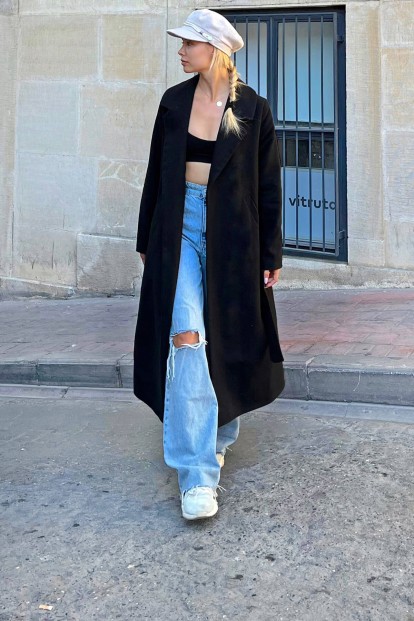 Siyah Kemerli Astarlı Uzun Kadın Kaşe Kaban - SWİST