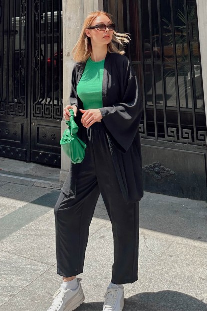 Siyah Kimono Şalvar Pantolon Kadın Ayrobin Alt-Üst Takım 