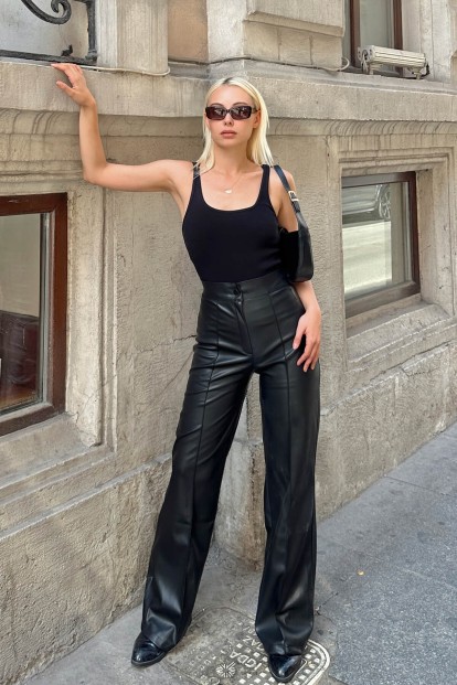 Siyah Leather Çimalı Yüksek Bel Geniş Paça Kadın Suni Deri Pantolon - 2