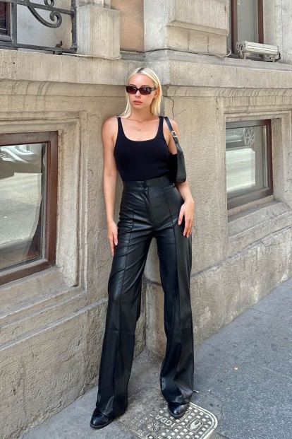Siyah Leather Çimalı Yüksek Bel Geniş Paça Kadın Suni Deri Pantolon - 3