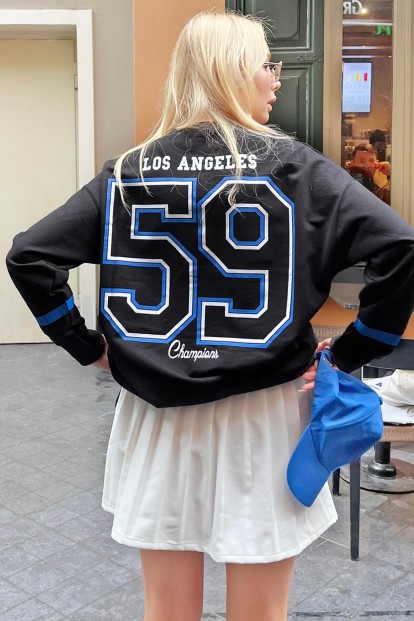 Siyah Los 59 Ön-Arka Baskılı Oversize Kadın Sweatshirt 
