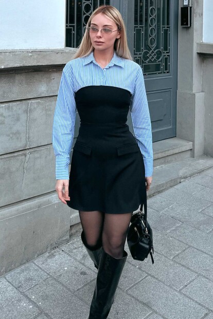 Siyah Mavi Gömlekli Garnili Kadın Mini Elbise - 1
