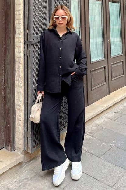Siyah Oversize Keten Gömlek-Pantolon Kadın Alt-Üst Takım 