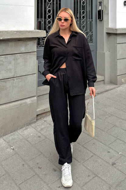 Siyah Paça Lastikli Tek Cep Gömlek-Pantolon Alt-Üst Kadın Takım - SWİST