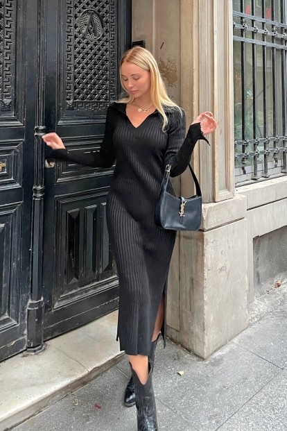 Siyah Polo Yaka Kol Detay Kadın Triko Midi Elbise - 3