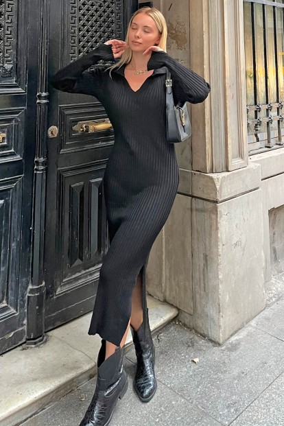 Siyah Polo Yaka Kol Detay Kadın Triko Midi Elbise - 7