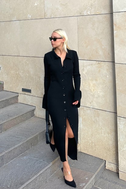 Siyah Sasha Polo Yaka Düğmeli Kol Detay Kadın Midi Triko Elbise - 3