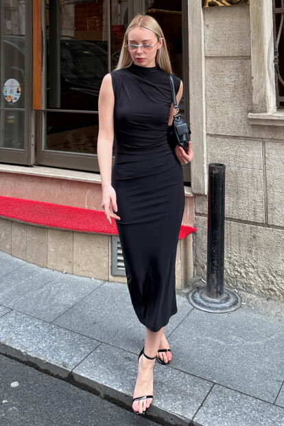 Siyah Sıfır Kol Omuz ve Bel Drapeli Kadın Midi Elbise - 1