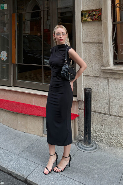 Siyah Sıfır Kol Omuz ve Bel Drapeli Kadın Midi Elbise - 3