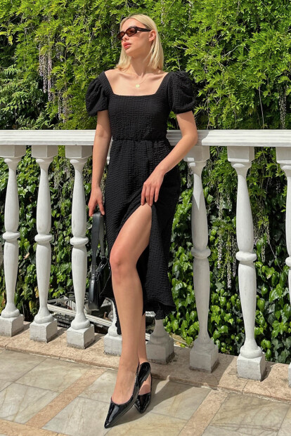Siyah Sırt Çapraz Bağlamalı Karpuz Kol Yırtmaçlı Kadın Midi Elbise 