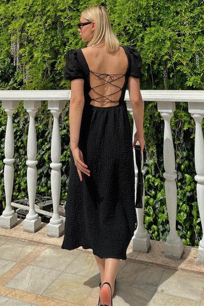 Siyah Sırt Çapraz Bağlamalı Karpuz Kol Yırtmaçlı Kadın Midi Elbise - 2