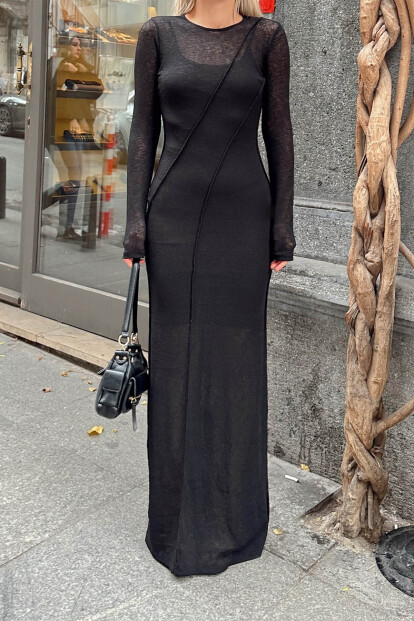 Siyah Sırt Dekolteli Dikiş Detaylı Astarlı Kadın Midi Elbise - 5