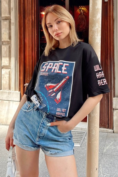 Siyah Space Baskılı Oversize Kadın Tshirt - 1