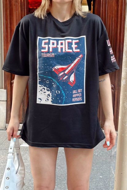 Siyah Space Baskılı Oversize Kadın Tshirt - 4