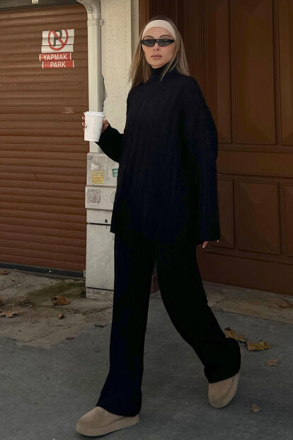 Siyah Tail Saç Örgü Desenli Kazak-Pantolon Kadın Alt Üst Takım - SWİST