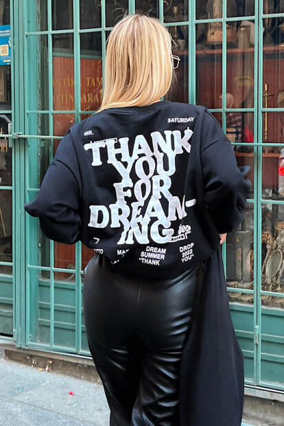 Siyah Thank You Baskılı İçi Pamuklu Kadın Sweatshirt 