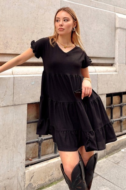 Siyah V Yaka Kat Kat Kadın Mini Elbise 