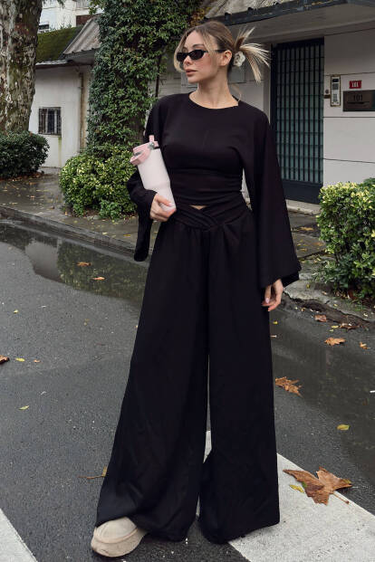 Siyah Yarasa Kol Crop Bel Detay Bol Paça Pantolon Kadın Alt Üst Takım - SWİST