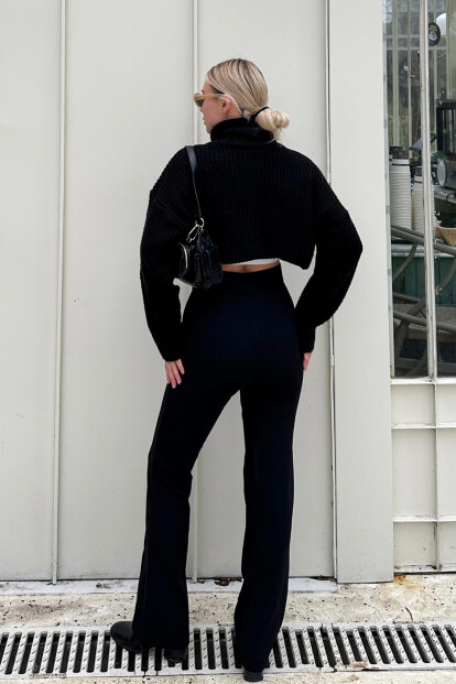 Siyah Yüksek Bel Çimalı Likralı Rahat Örme Kadın Pantolon - 5