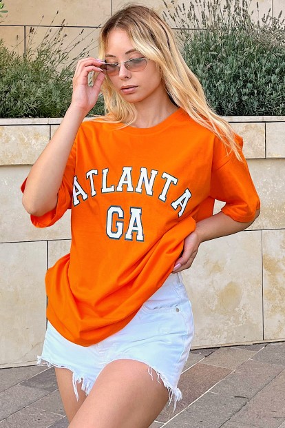Turuncu Atlanta Baskılı Oversize Kadın Tshirt - 1