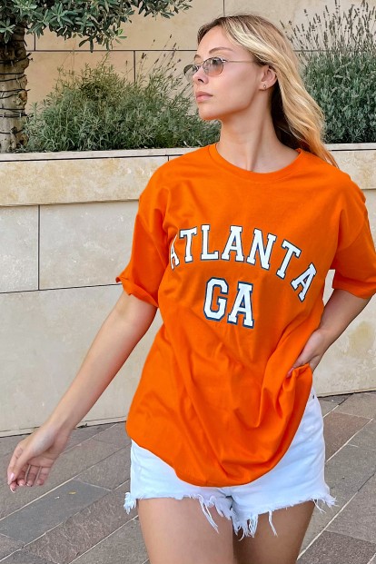 Turuncu Atlanta Baskılı Oversize Kadın Tshirt - 4