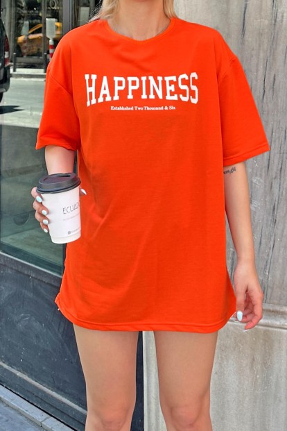 Turuncu Happiness Baskılı Oversize Kadın Tshirt - 4