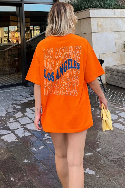 Turuncu LA Sırt Baskılı Oversize Kadın Tshirt 